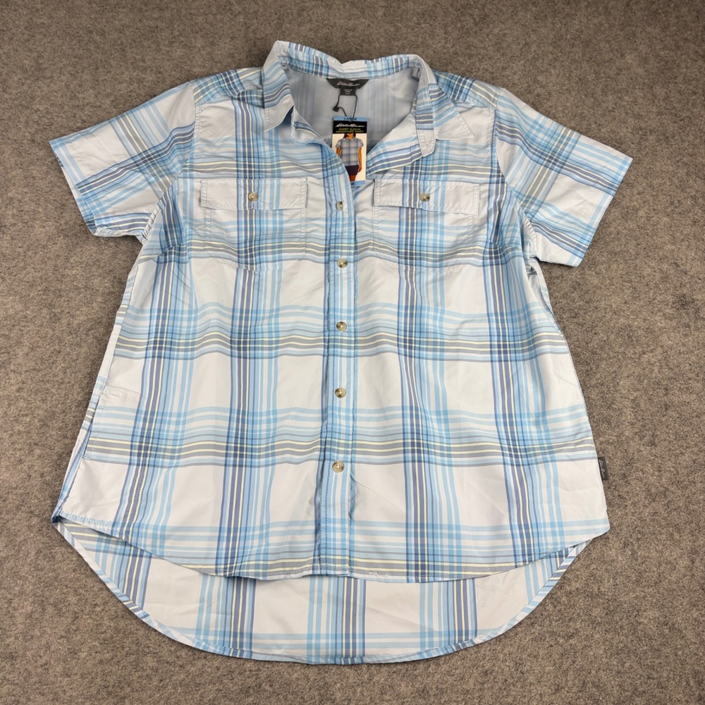Eddie Bauer Adventure Shirt Women Large Blue Plaid Short Sleeve EB004068 UPF 50